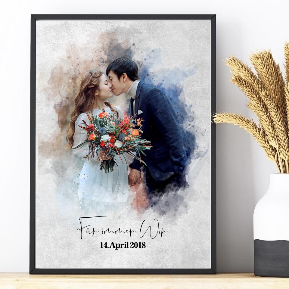 Foto des Brautpaares als Aquarell Poster | Originelles Hochzeitsgeschenk
